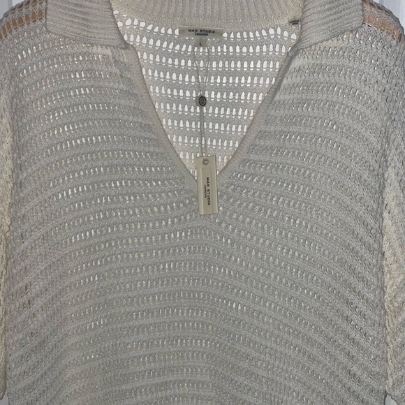 NEW Max Studio V-Neck Knit Polo Sweater in Off White Ivory Loose Knit Oversize L - Picture 5 of 7